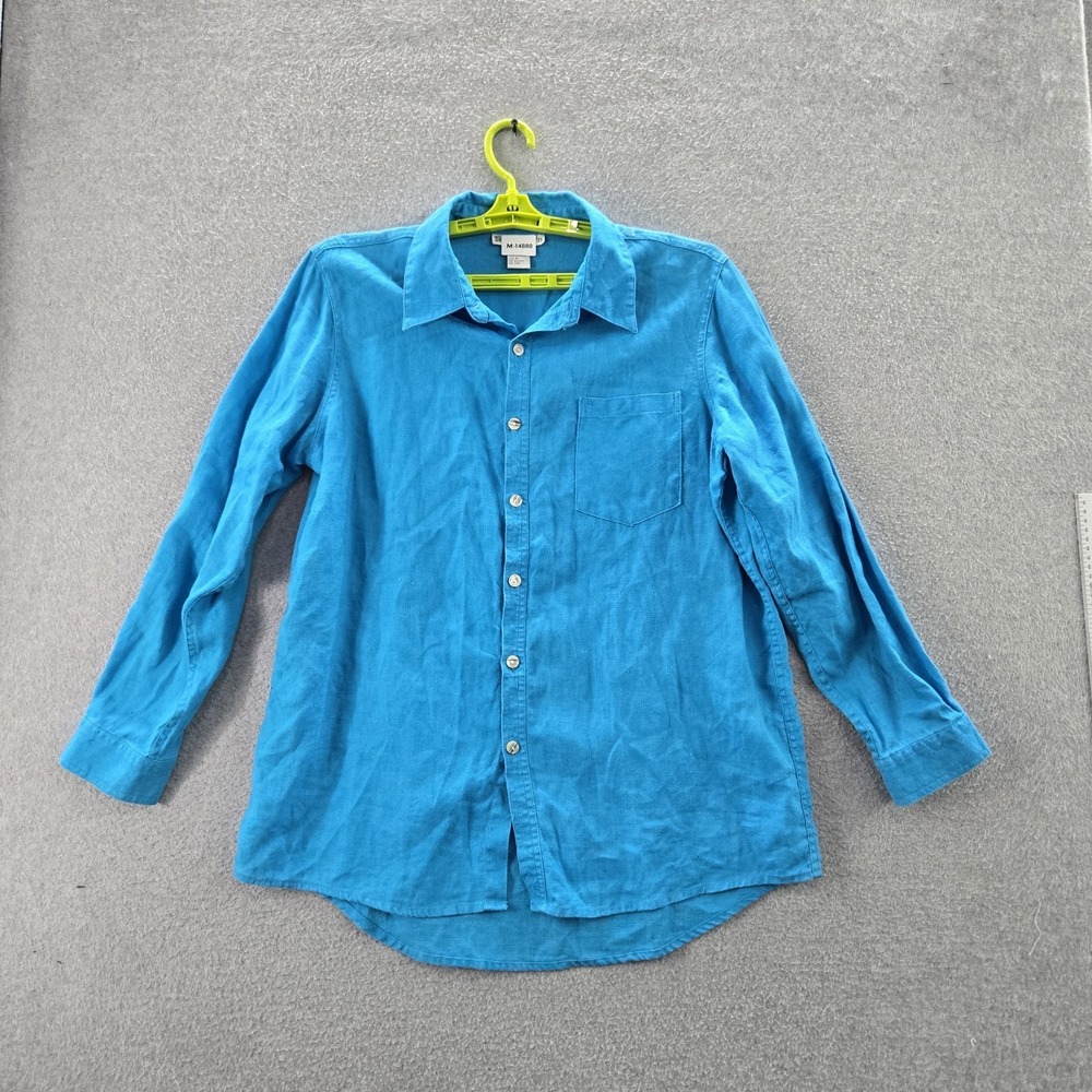 Dressbarn Men Button Up Shirt M Blue Linen Collared Front